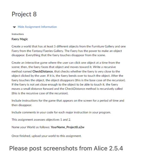 Project 8 Hide Assignment Information Instructions Faery Magic Create A World That Has At Least 5 Different Objects From 1