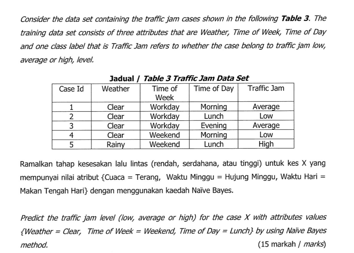 Consider The Data Set Containing The Traffic Jam Cases Shown In The Following Table 3 The Training Data Set Consists Of 1