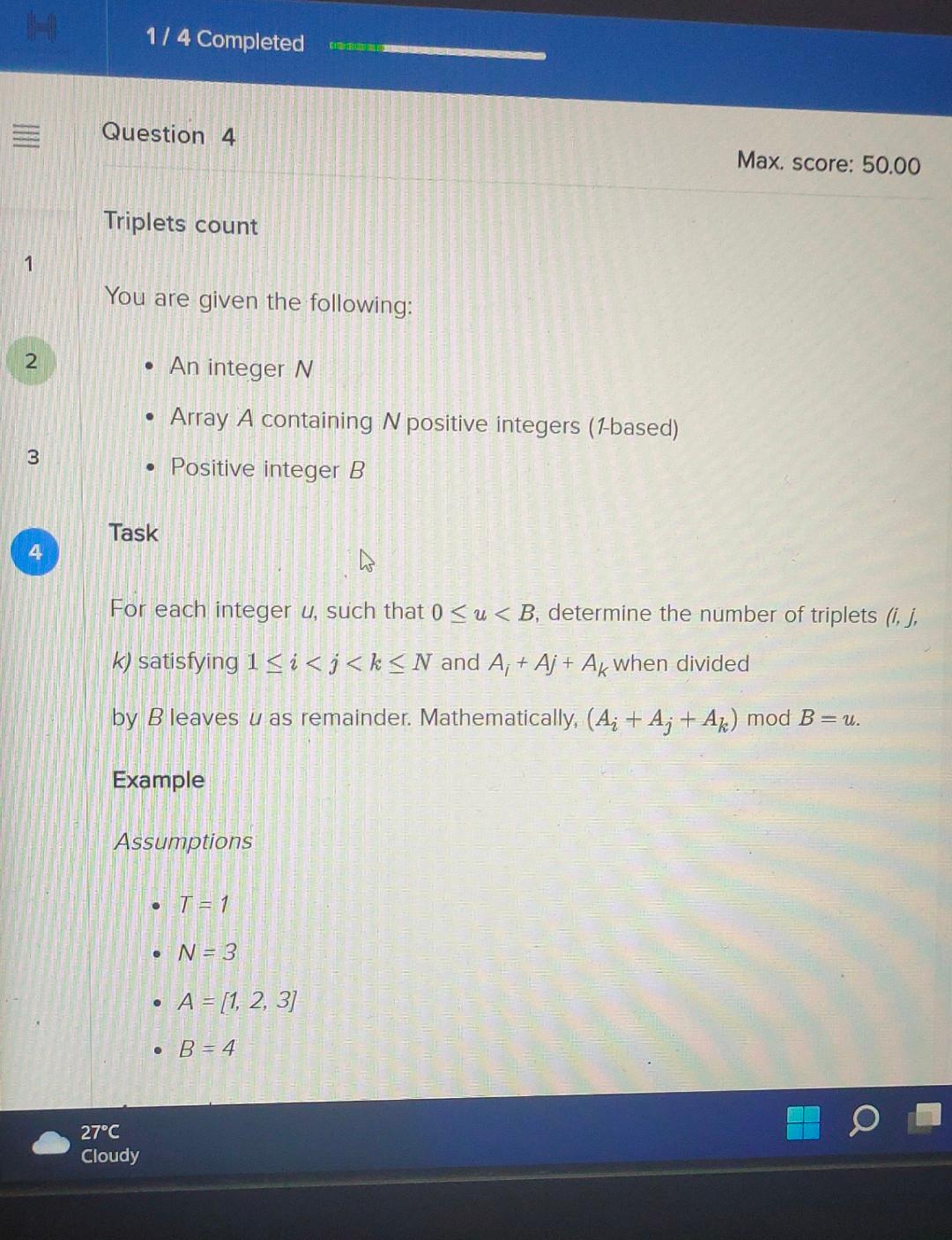 1 2 3 4 1 4 Completed Question 4 Triplets Count You Are Given The Following An Integer N Array A Containing N Positiv 1