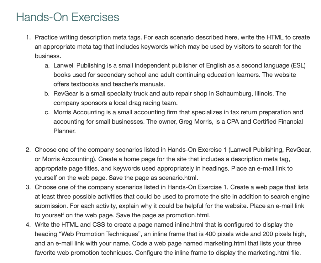 Hands On Exercises 1 Practice Writing Description Meta Tags For Each Scenario Described Here Write The Html To Create 1