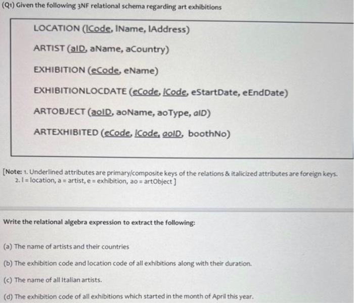 Q1 Given The Following 3nf Relational Schema Regarding Art Exhibitions Location Icode Iname Iaddress Artist Ald 1