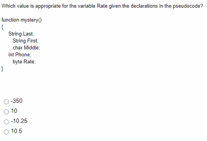 Which Value Is Appropriate For The Variable Rate Given The Declarations In The Pseudocode Function Mystery String 1