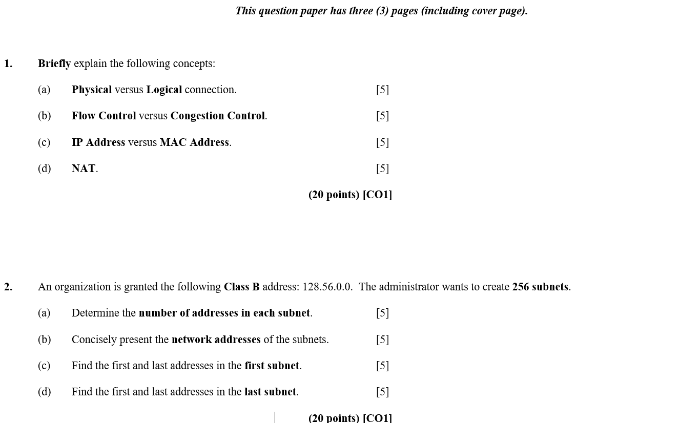 1 2 Briefly Explain The Following Concepts A B C D Physical Versus Logical Connection Flow Control Versus Co 1