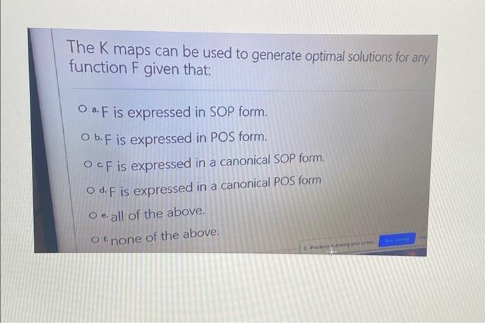 The K Maps Can Be Used To Generate Optimal Solutions For Any Function F Given That Oaf Is Expressed In Sop Form O B F 1