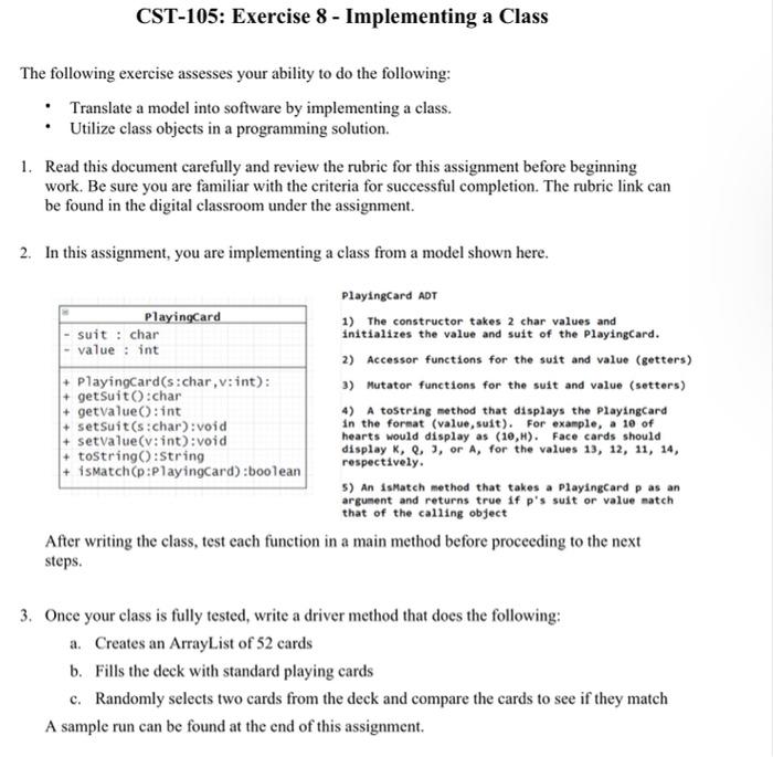 Cst 105 Exercise 8 Implementing A Class The Following Exercise Assesses Your Ability To Do The Following Translate A 1