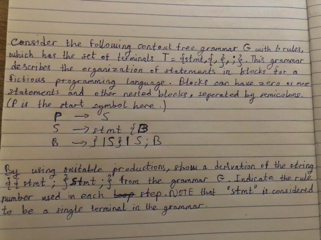Consider The Following Context Free Grammar G With Brules Which Has The Set Of Terminals T Stmt This De 1