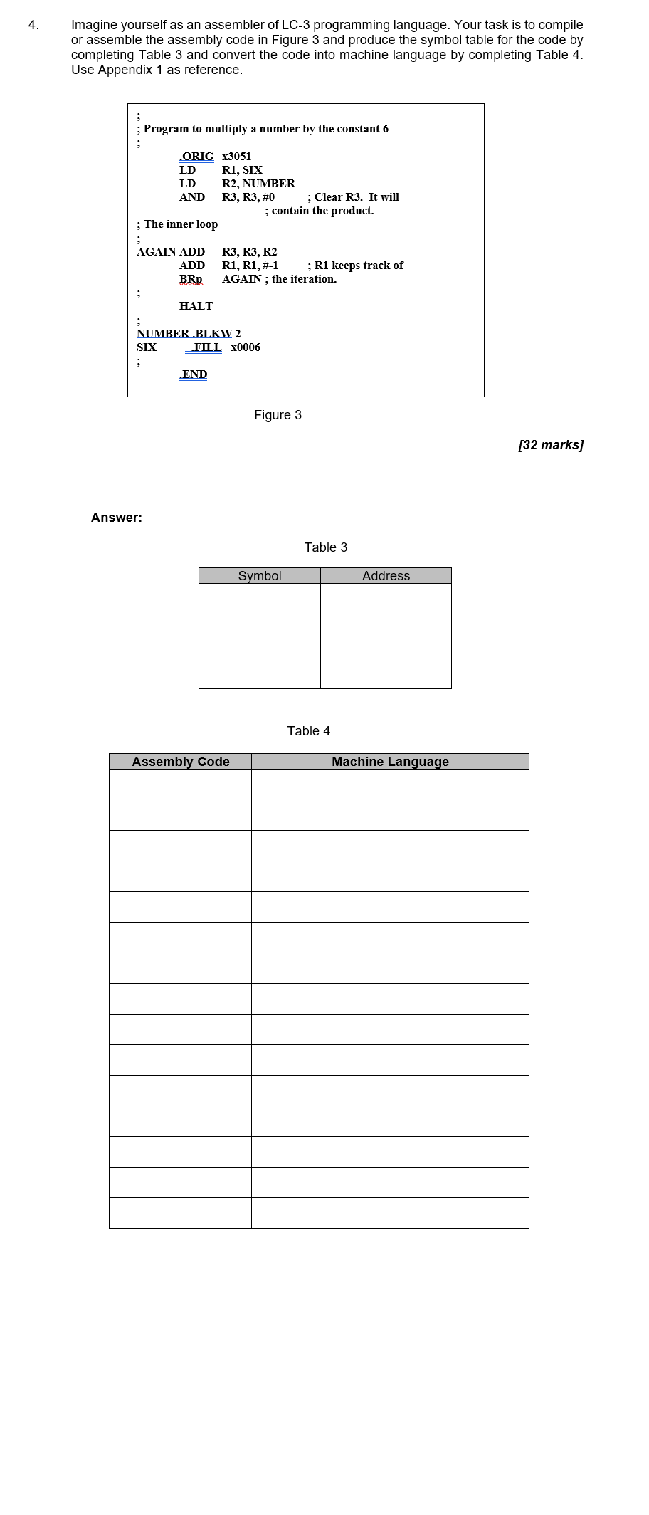 4 Imagine Yourself As An Assembler Of Lc 3 Programming Language Your Task Is To Compile Or Assemble The Assembly Code 1