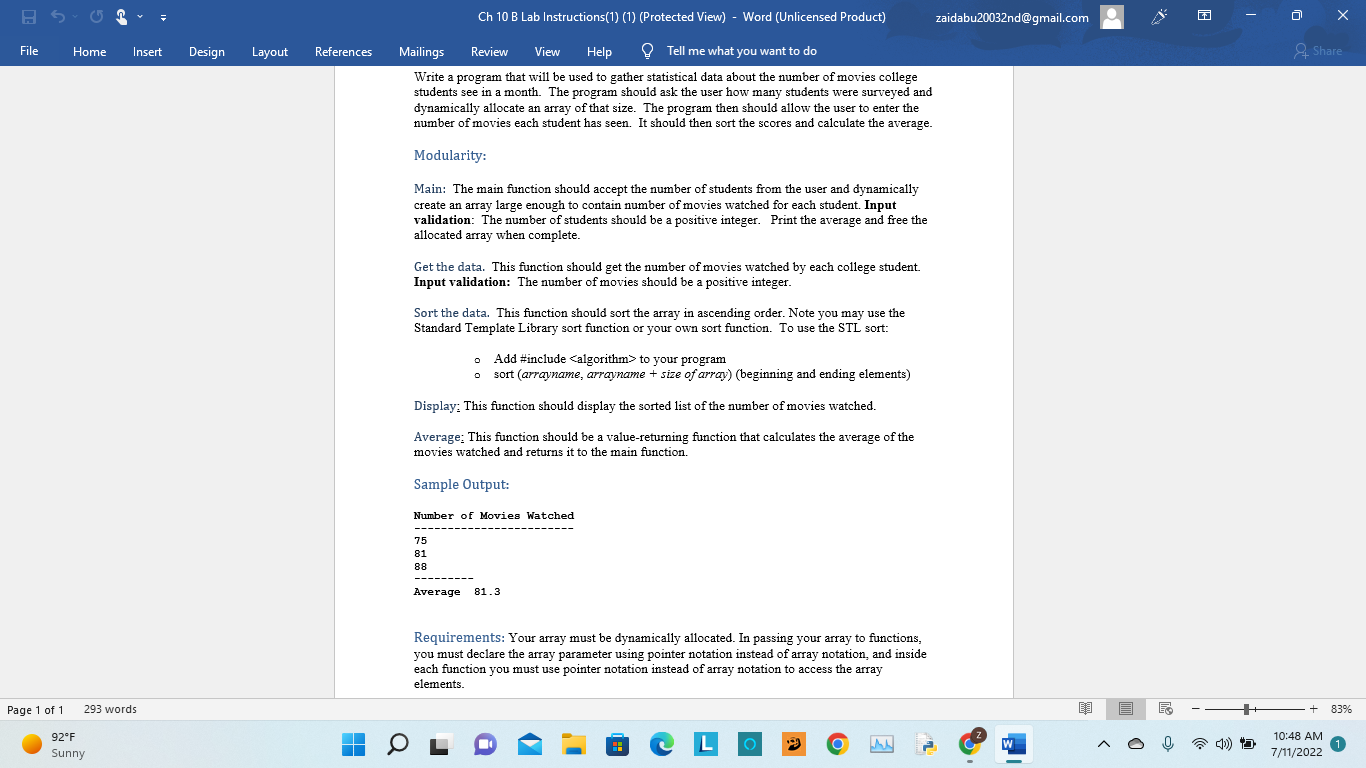 85 File Page 1 Of 1 Home Insert Design 293 Words 92 F Sunny Layout References I I Ch 10 B Lab Instructions 1 1 Prot 1