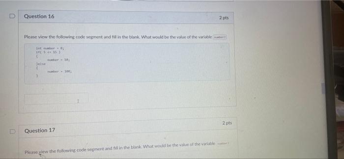 Question 16 Please View The Following Code Segment And Fill In The Blank What Would Be The Value Of The Varie Van Im Xh 5