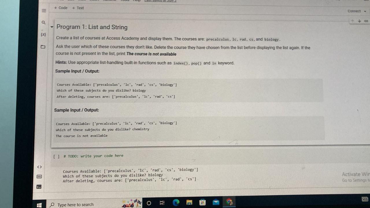 Q X O Yo Code Text Program 1 List And String Create A List Of Courses At Access Academy And Display Them Th 1