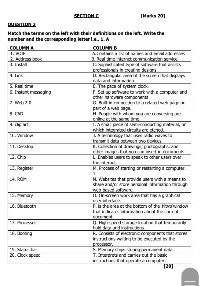 Column A 1 Voip 2 Address Book 3 Install 4 Link Question 3 Match The Terms On The Left With Their Definitions On The 1