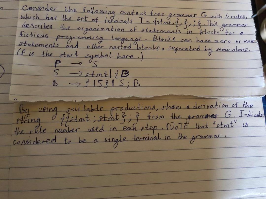 2 Consider The Following Context Free Grammar G With Brules Which Has The Set Of Terminals T Stmt S This Gr 1