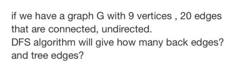 If We Have A Graph G With 9 Vertices 20 Edges That Are Connected Undirected Dfs Algorithm Will Give How Many Back Edg 1