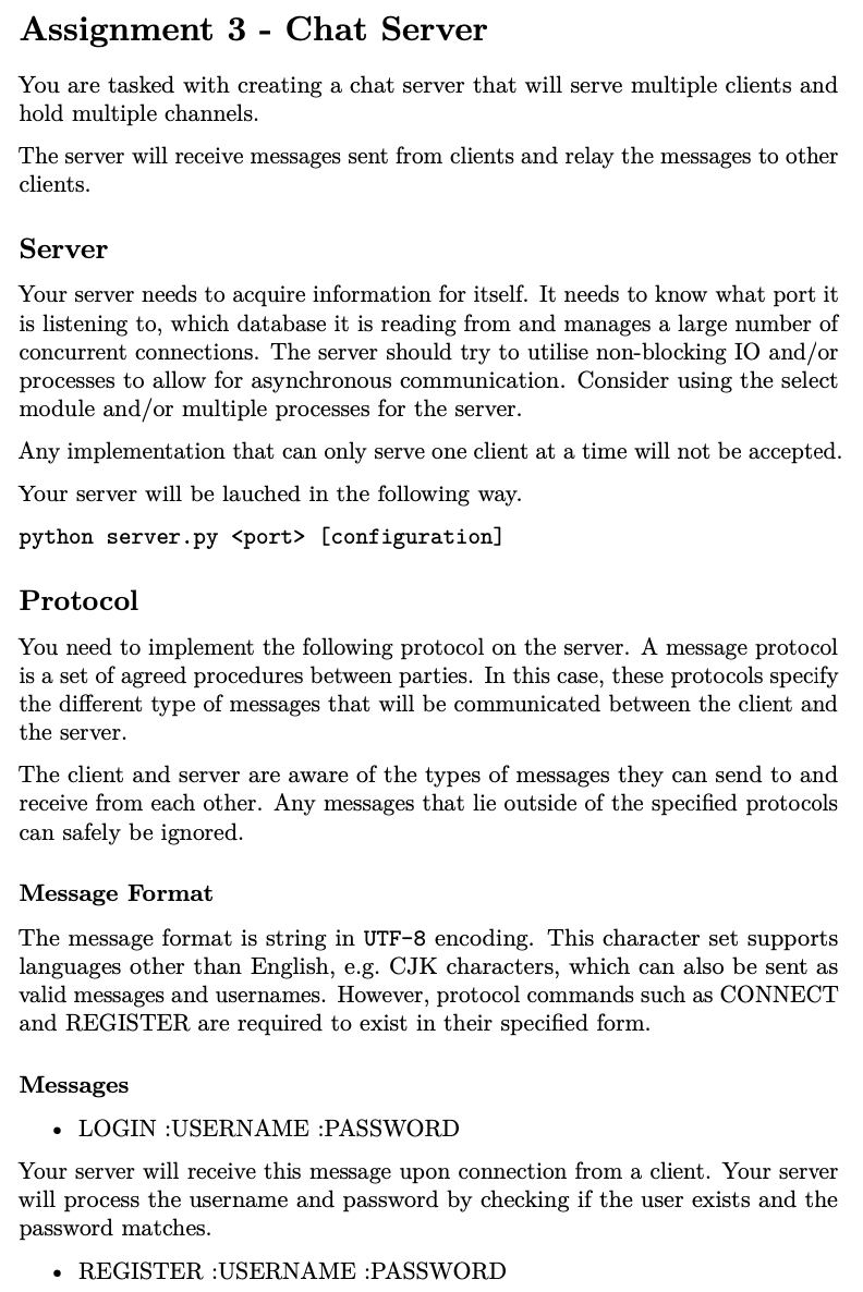 Assignment 3 Chat Server You Are Tasked With Creating A Chat Server That Will Serve Multiple Clients And Hold Multiple C 1