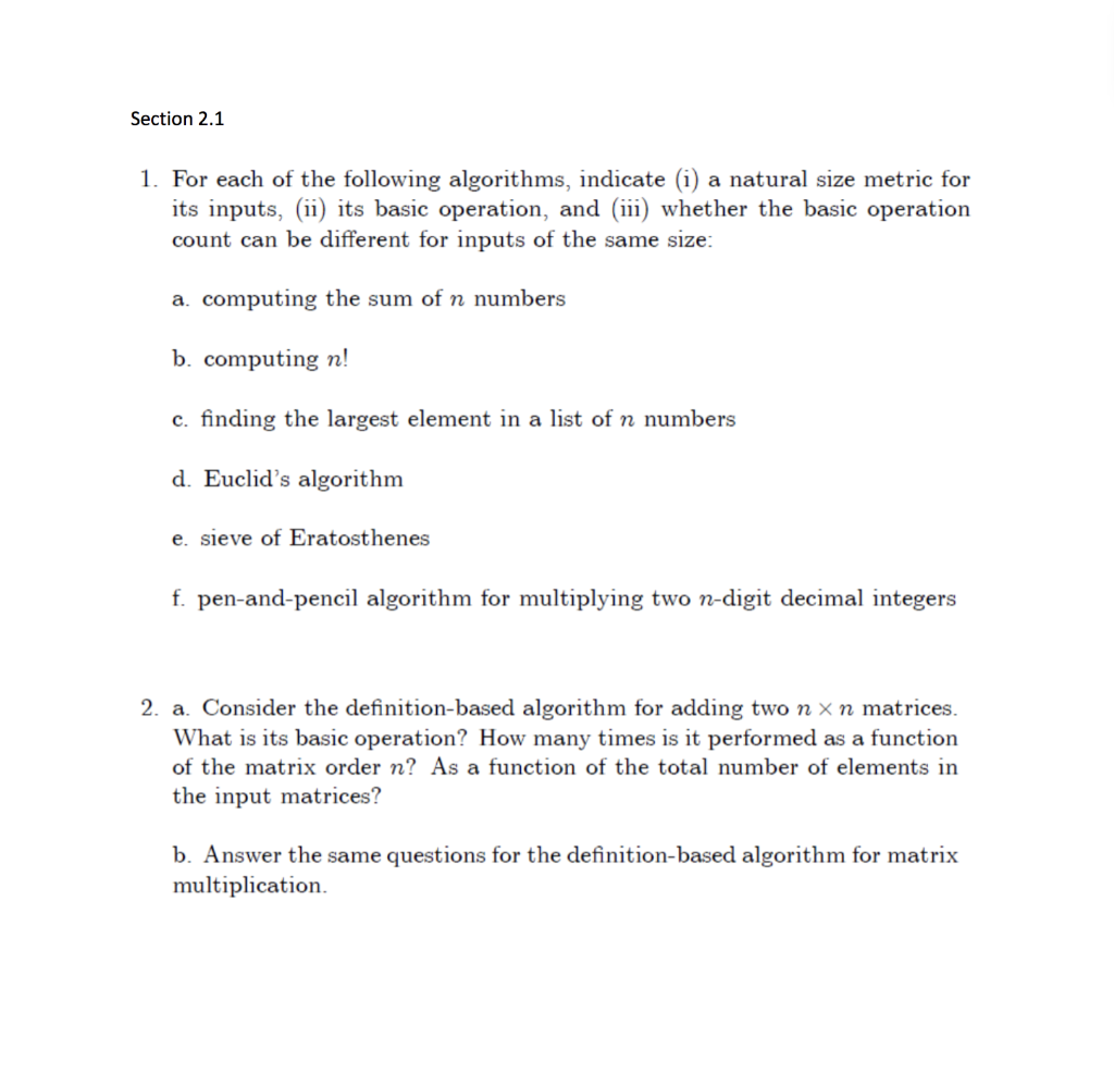 Section 2 1 1 For Each Of The Following Algorithms Indicate I A Natural Size Metric For Its Inputs Ii Its Basic O 1