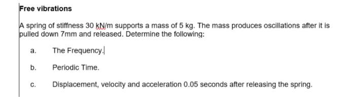 Free Vibrations A Spring Of Stiffness 30 Kn M Supports A Mass Of 5 Kg The Mass Produces Oscillations After It Is Pulled 1