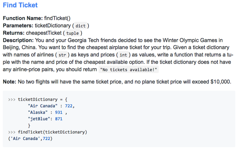 Find Ticket Function Name Findticket Parameters Ticketdictionary Dict Returns Cheapest Ticket Tuple Descript 1