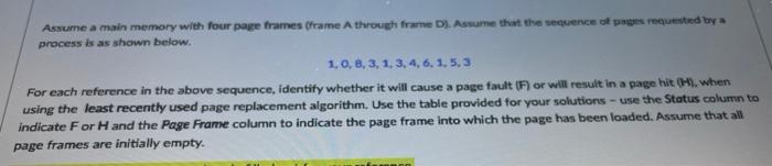 Assume A Main Memory With Four Page Frames Frame A Through Frame D Assume That The Sequence Of Pages Requested By A P 1
