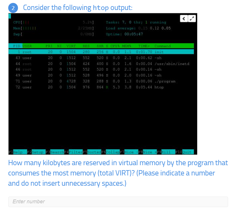 N Consider The Following Htop Output Cpu Mem Swp Pid User 1 Root 43 User 44 Root 46 Root 49 User 71 User 72 1