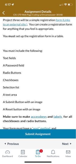 4 17 1 Assignment Details Cis 170 Web Page Coding W Dreamweaver 30148 Project Three Will Be A Simple Registration Form 1