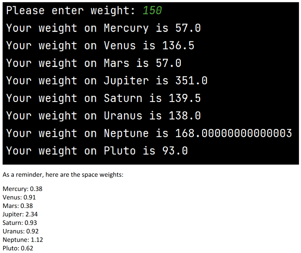 Please Enter Weight 150 Your Weight On Mercury Is 57 0 Your Weight On Venus Is 136 5 Your Weight On Mars Is 57 0 Your W 1