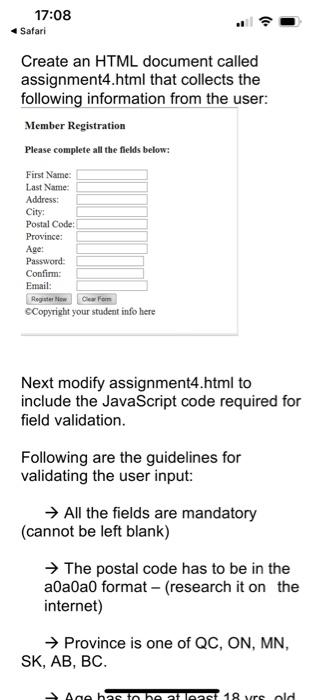 17 08 Safari Create An Html Document Called Assignment4 Html That Collects The Following Information From The User Memb 1