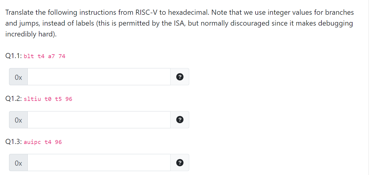 Translate The Following Instructions From Risc V To Hexadecimal Note That We Use Integer Values For Branches And Jumps 1