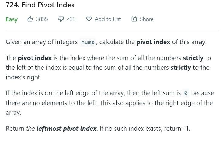 724 Find Pivot Index Easy 3835 433 Add To List Share Given An Array Of Integers Nums Calculate The Pivot Index Of This 1