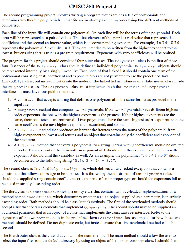 Cmsc 350 Project 2 The Second Programming Project Involves Writing A Program That Examines A File Of Polynomials And Det 1