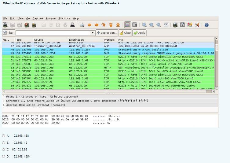 What Is The Ip Address Of Web Server In The Packet Capture Below With Wireshark File Edit View Go Capture Analyze Statis 1