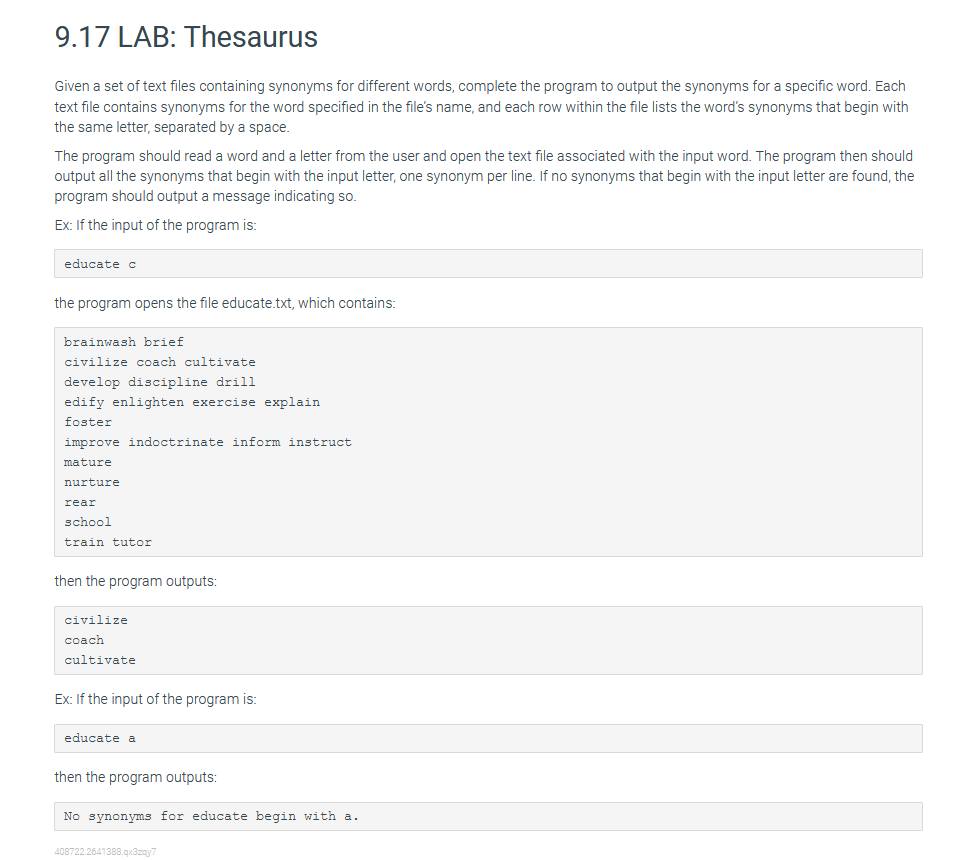 9 17 Lab Thesaurus Given A Set Of Text Files Containing Synonyms For Different Words Complete The Program To Output Th 1