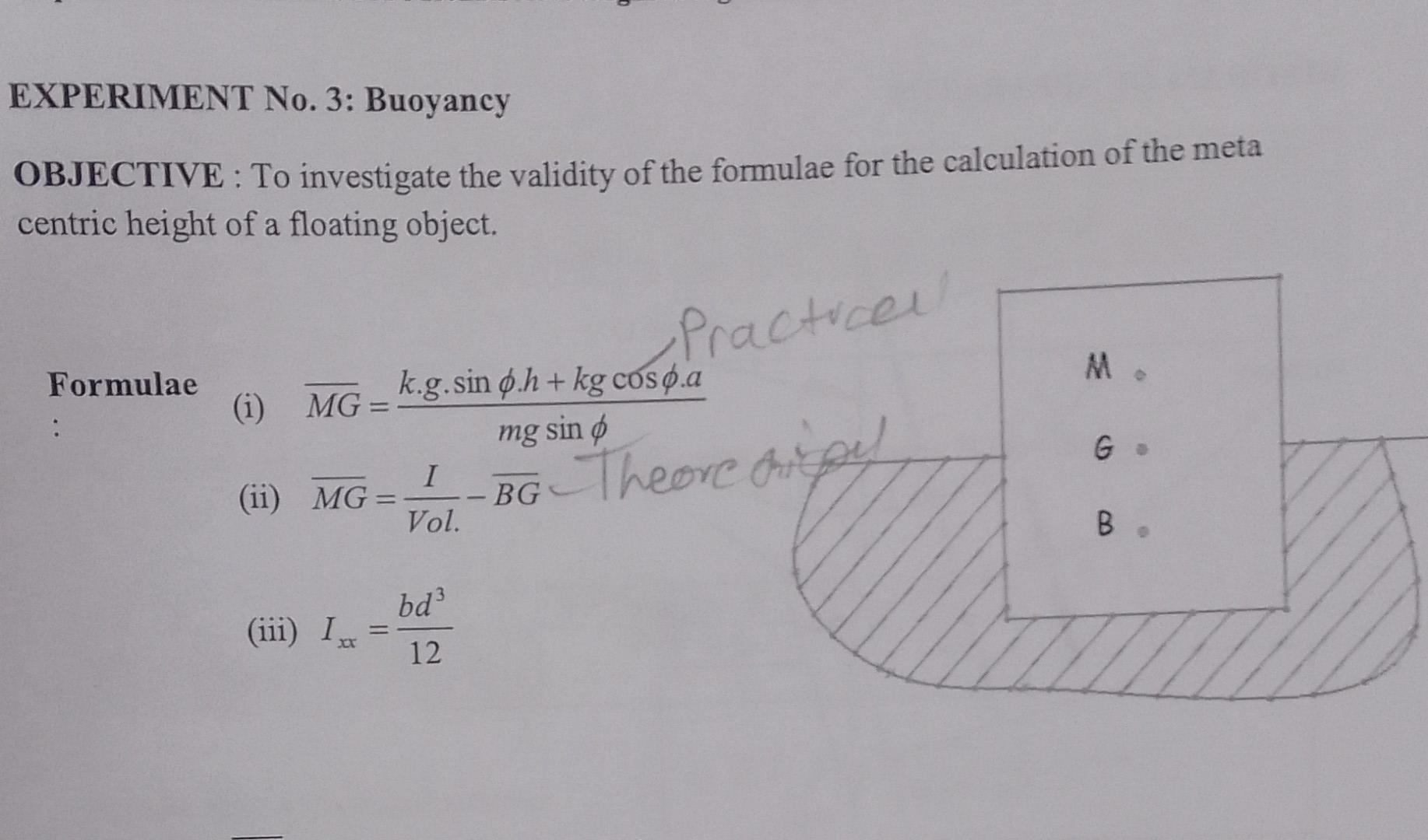 Experiment No 3 Buoyancy Objective To Investigate The Validity Of The Formulae For The Calculation Of The Meta Centri 1