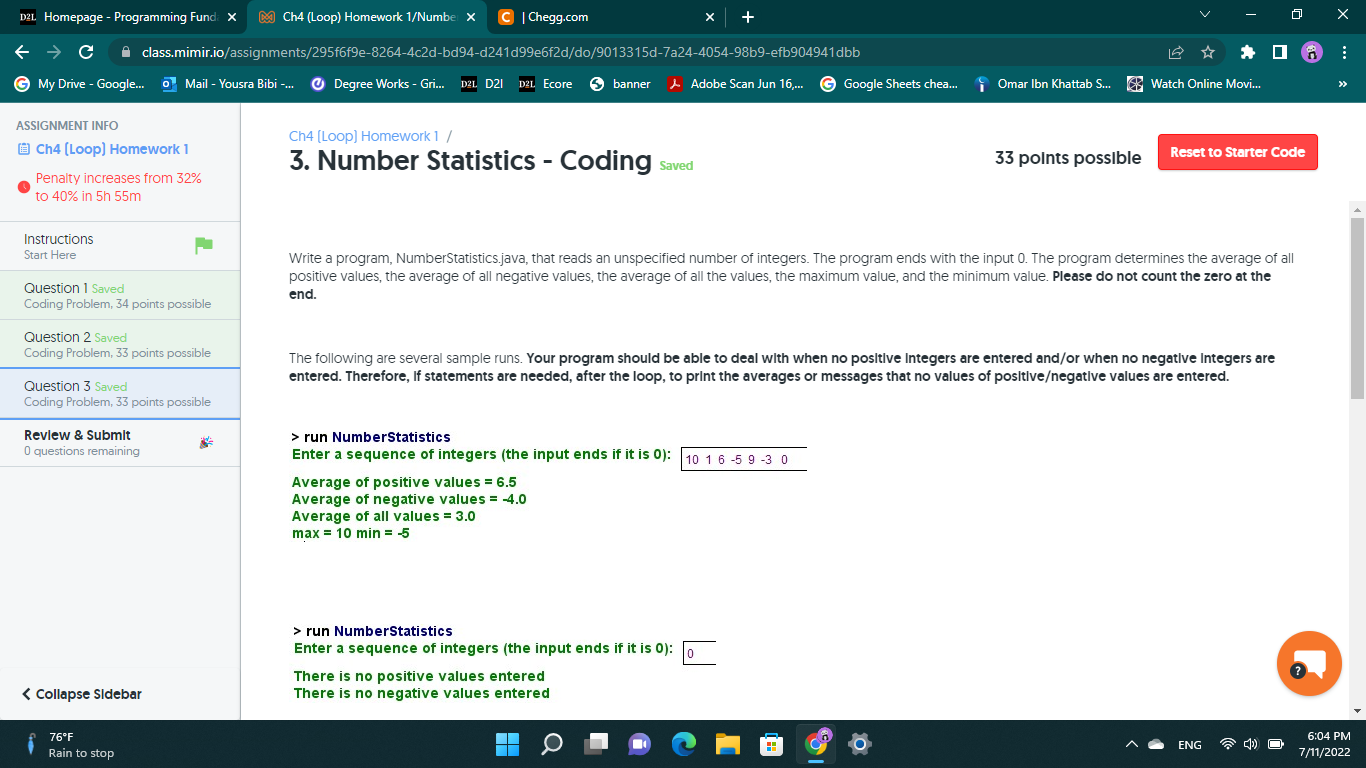 D2l Homepage Programming Fund X Ch4 Loop Homework 1 Number X C Chegg Com C My Drive Google Mail Yousra Bi 1