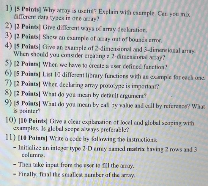 1 5 Points Why Array Is Useful Explain With Example Can You Mix Different Data Types In One Array 2 2 Points Gi 1