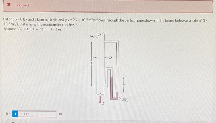 X Incorrect Oil Of Sg 0 87 And A Kinematic Viscosity V 2 2 X 10 M S Flows Through The Vertical Pipe Shown In The Figur 1