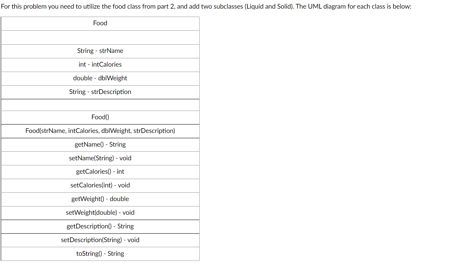 For This Problem You Need To Utilize The Food Class From Part 2 And Add Two Subclasses Liquid And Solid The Uml Diag 1
