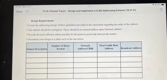 Packet Tracer Design And Implement A Vlsm Addressing Scheme Addressing Table Objectives In This Lab You Will Design A 3