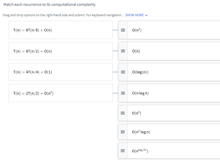 Match Each Recurrence To Its Computational Complexity Drag And Drop Options On The Right Hand Side And Submit For Keybo 1