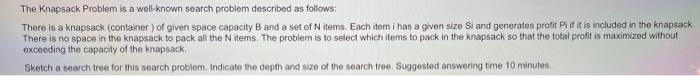 The Knapsack Problem Is A Well Known Search Problem Described As Follows There Is A Knapsack Container Of Given Space 1