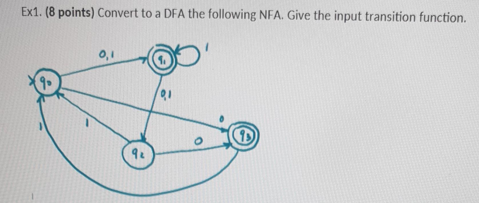 Ex1 8 Points Convert To A Dfa The Following Nfa Give The Input Transition Function 0 1 92 Di 0 93 1