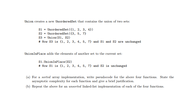 2 Implementations Of Set Operations Consider The Implementation Of A Mathematical Set 1 That Supports The Functions In 2