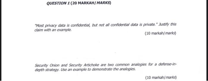 Question 1 20 Markah Marks Most Privacy Data Is Confidential But Not All Confidential Data Is Private Justify This 1