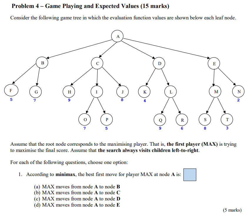 Problem 4 Game Playing And Expected Values 15 Marks Consider The Following Game Tree In Which The Evaluation Functio 1