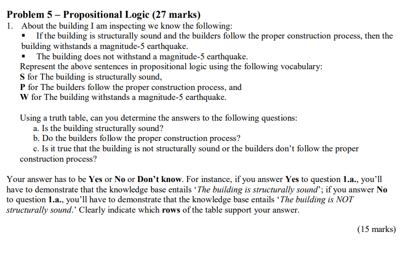 Problem 5 Propositional Logic 27 Marks 1 About The Building I Am Inspecting We Know The Following If The Buildin 1
