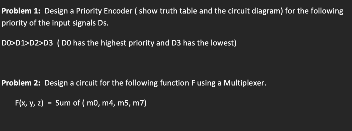 Problem 1 Design A Priority Encoder Show Truth Table And The Circuit Diagram For The Following Priority Of The Input 1