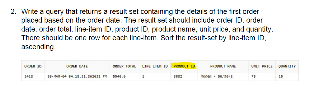2 Write A Query That Returns A Result Set Containing The Details Of The First Order Placed Based On The Order Date The 1