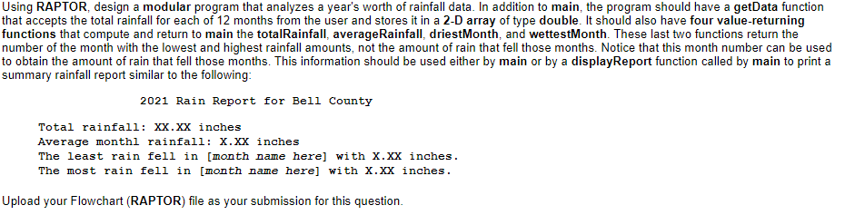 Using Raptor Design A Modular Program That Analyzes A Year S Worth Of Rainfall Data In Addition To Main The Program S 1