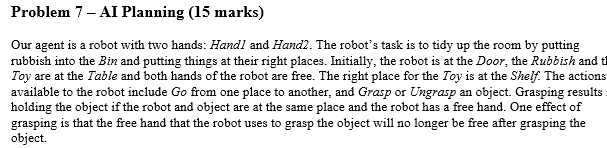 Problem 7 Al Planning 15 Marks Our Agent Is A Robot With Two Hands Handi And Hand2 The Robot S Task Is To Tidy Up 1