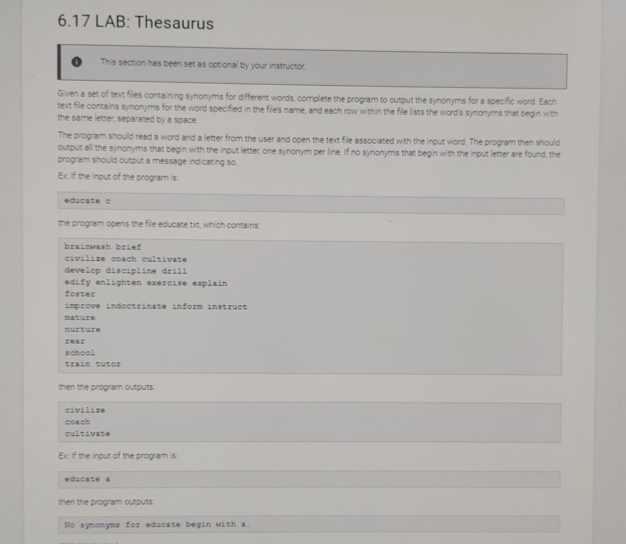 Given A Set Of Text Files Containing Synonyms For Different Words Complete The Program To Output The Synonyms For A Spe 1