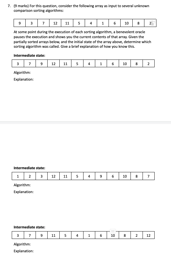 7 9 Marks For This Question Consider The Following Array As Input To Several Unknown Comparison Sorting Algorithms 1
